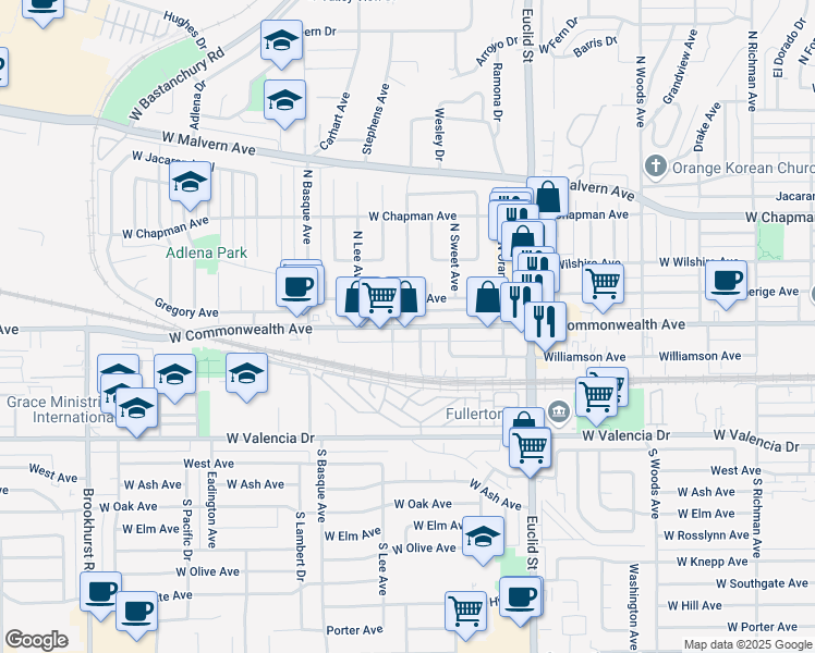 map of restaurants, bars, coffee shops, grocery stores, and more near 1404 West Commonwealth Avenue in Fullerton