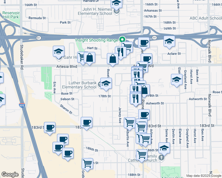 map of restaurants, bars, coffee shops, grocery stores, and more near 17713 Roseton Avenue in Artesia