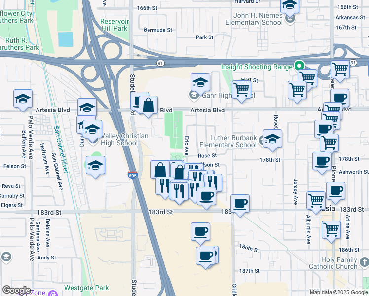 map of restaurants, bars, coffee shops, grocery stores, and more near 17707 Eric Avenue in Cerritos