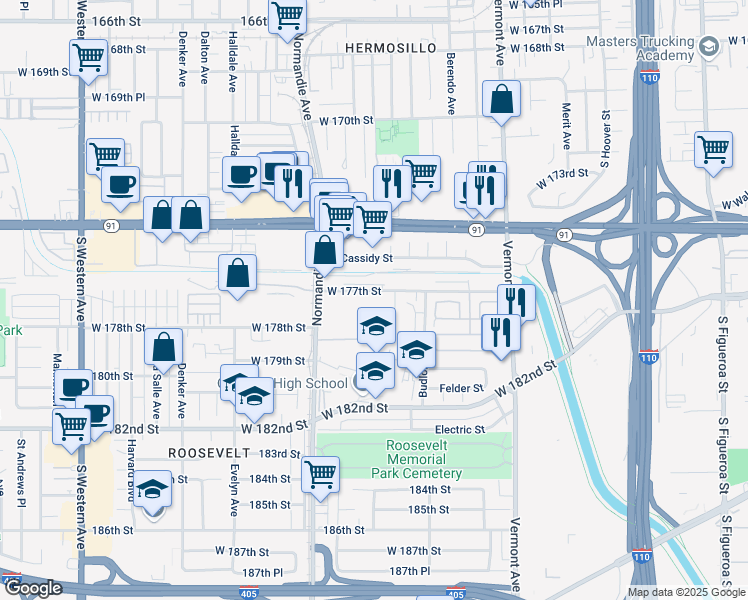 map of restaurants, bars, coffee shops, grocery stores, and more near 1304 West 177th Street in Gardena