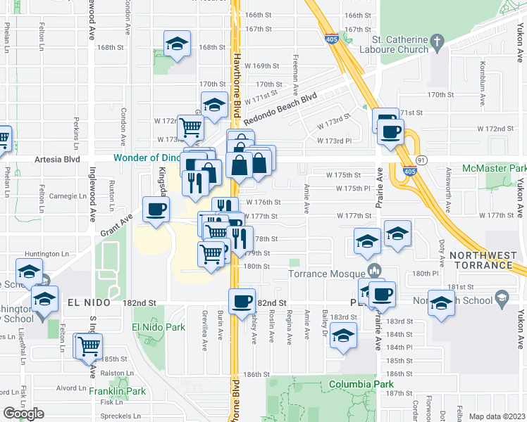 map of restaurants, bars, coffee shops, grocery stores, and more near 4331 West 177th Street in Torrance