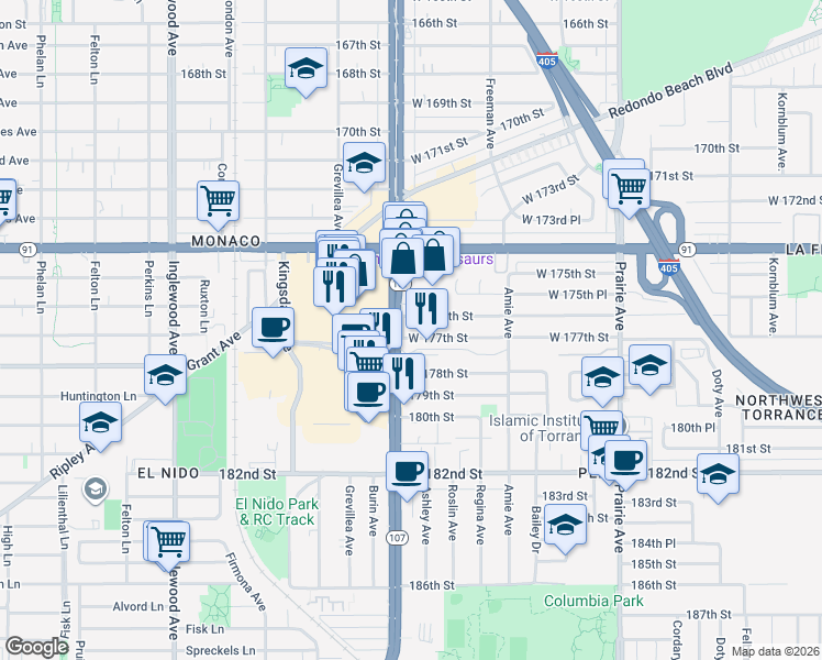 map of restaurants, bars, coffee shops, grocery stores, and more near 4331 West 177th Street in Torrance