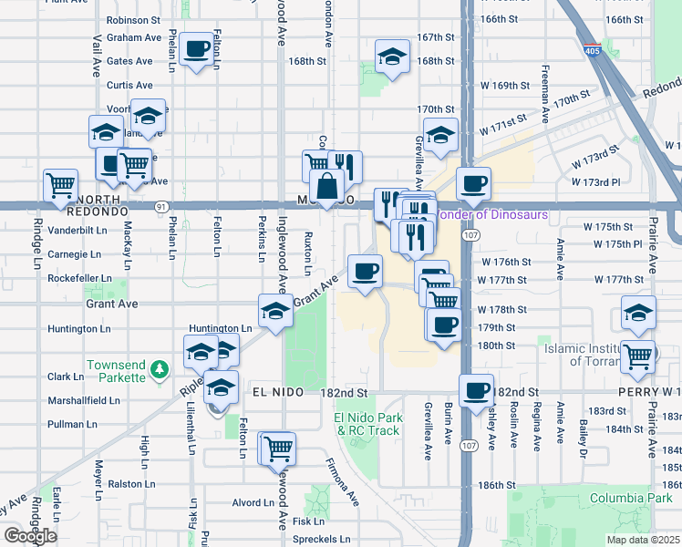 map of restaurants, bars, coffee shops, grocery stores, and more near 1714 Ruxton Lane in Redondo Beach