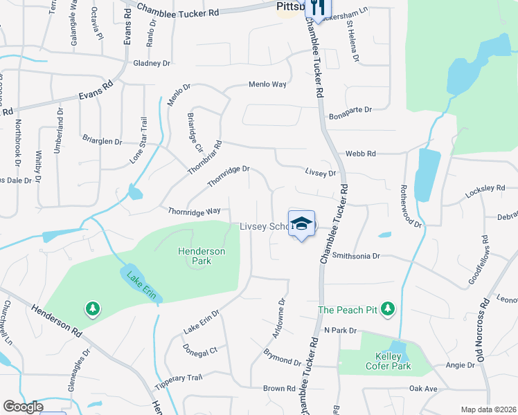 map of restaurants, bars, coffee shops, grocery stores, and more near 2829 Livsey Oaks Drive in Tucker