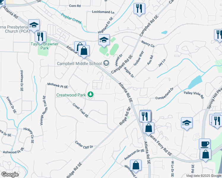 map of restaurants, bars, coffee shops, grocery stores, and more near 121 Rondak Circle in Smyrna