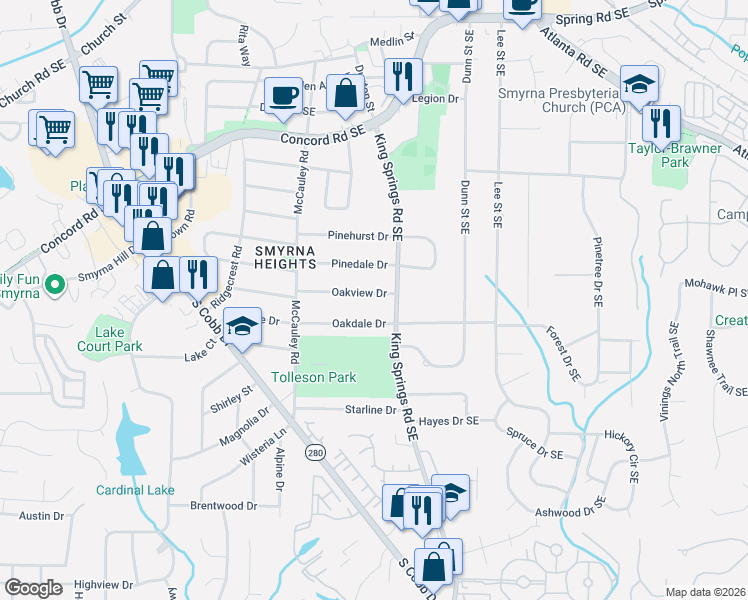 map of restaurants, bars, coffee shops, grocery stores, and more near 1165 Oakdale Drive in Smyrna