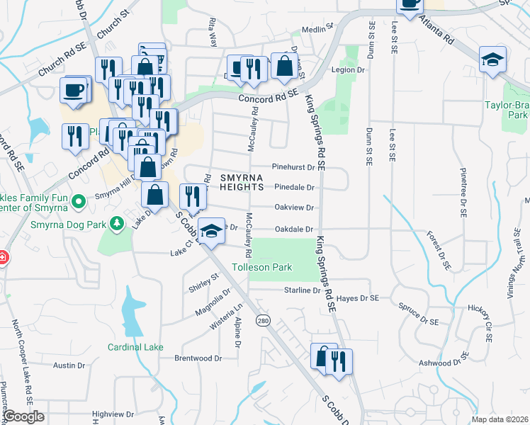 map of restaurants, bars, coffee shops, grocery stores, and more near 1086 Oakview Drive in Smyrna