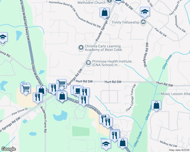 map of restaurants, bars, coffee shops, grocery stores, and more near 2549 Kolb Manor Circle Southwest in Marietta