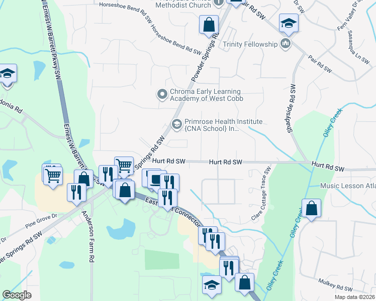 map of restaurants, bars, coffee shops, grocery stores, and more near 2545 Kolb Manor Circle Southwest in Marietta