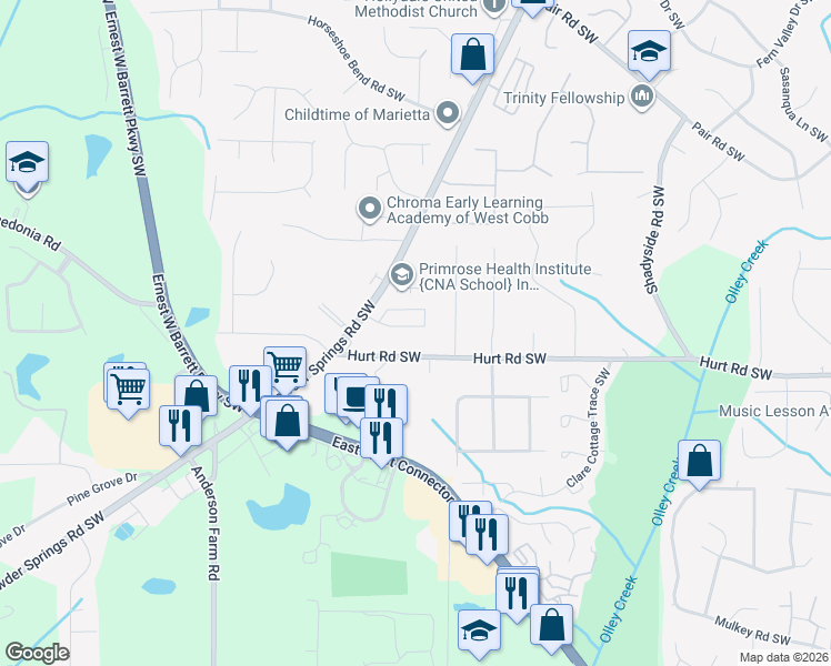 map of restaurants, bars, coffee shops, grocery stores, and more near 2537 Kolb Manor Circle Southwest in Marietta