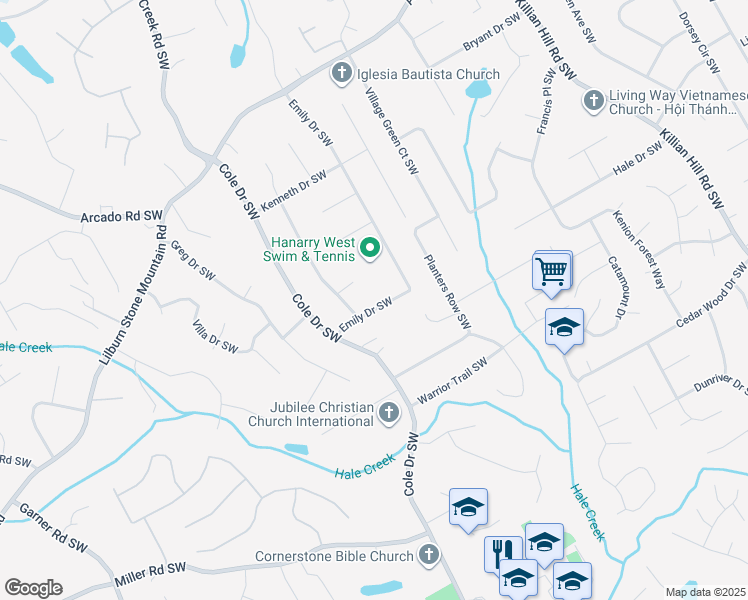 map of restaurants, bars, coffee shops, grocery stores, and more near 4727 Emily Drive Southwest in Lilburn