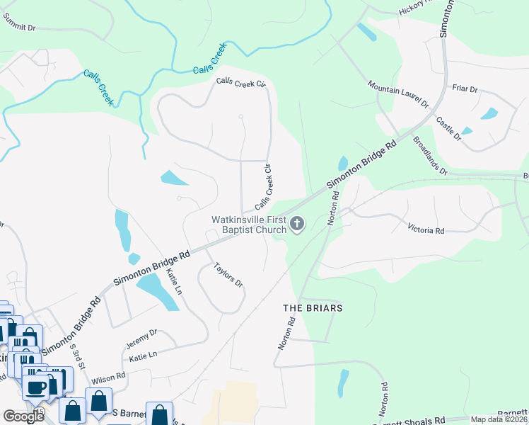 map of restaurants, bars, coffee shops, grocery stores, and more near 1040 Calls Creek Circle in Watkinsville