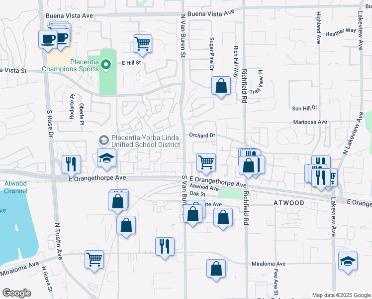 map of restaurants, bars, coffee shops, grocery stores, and more near 174 South Van Buren Street in Placentia