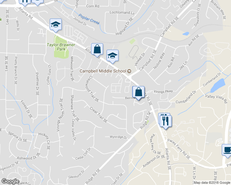map of restaurants, bars, coffee shops, grocery stores, and more near 3365 Vintage Circle Southeast in Smyrna