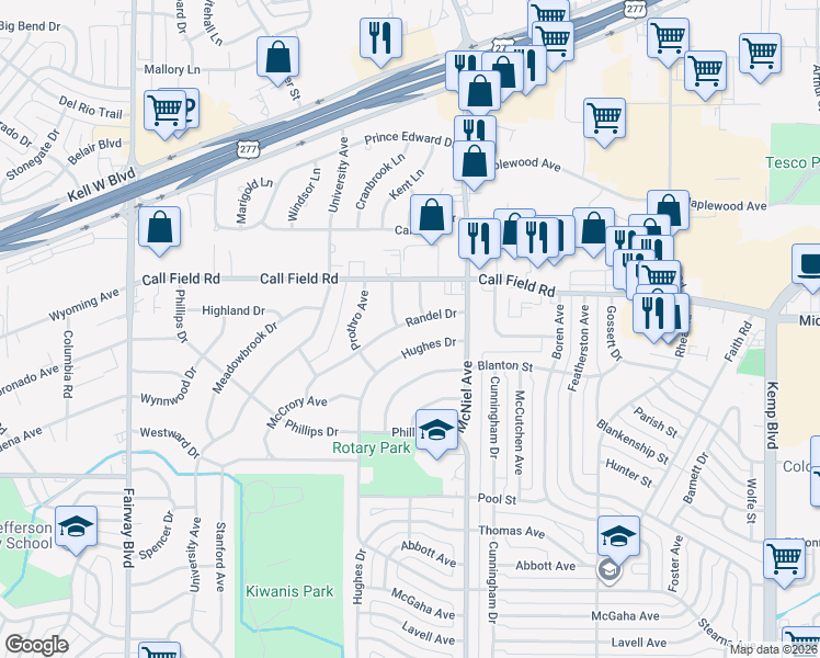 map of restaurants, bars, coffee shops, grocery stores, and more near 4205 Randel Drive in Wichita Falls