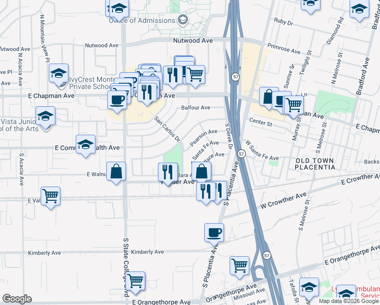 map of restaurants, bars, coffee shops, grocery stores, and more near 2518 Pearson Avenue in Fullerton