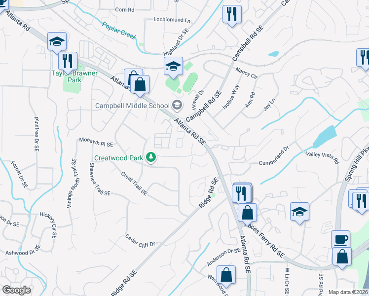 map of restaurants, bars, coffee shops, grocery stores, and more near 125 Rondak Circle in Smyrna