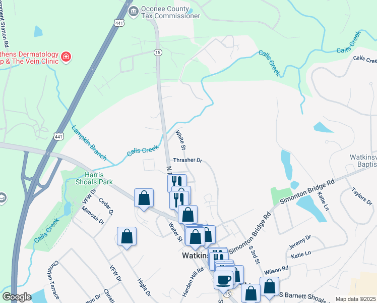 map of restaurants, bars, coffee shops, grocery stores, and more near 108 White Street in Watkinsville