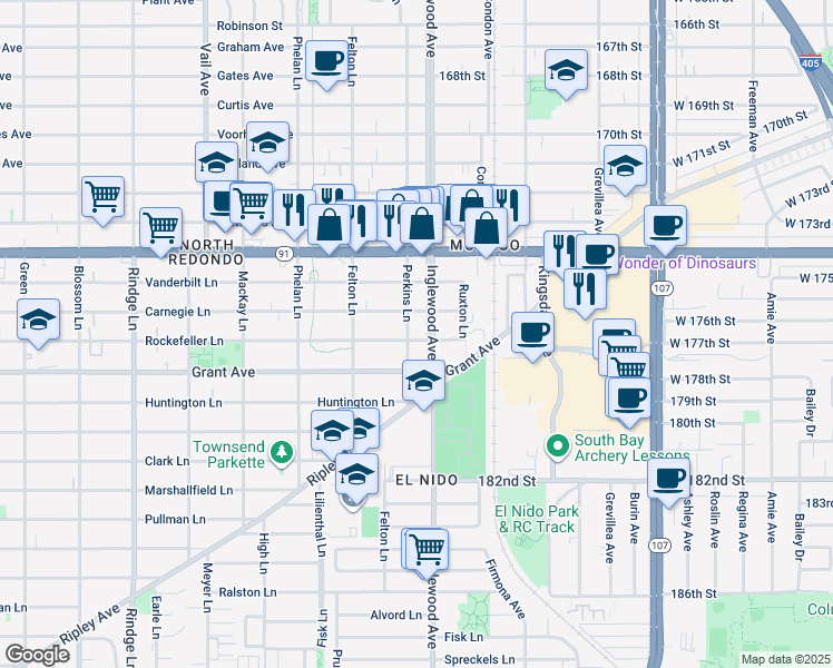 map of restaurants, bars, coffee shops, grocery stores, and more near 2703 Rockefeller Lane in Redondo Beach