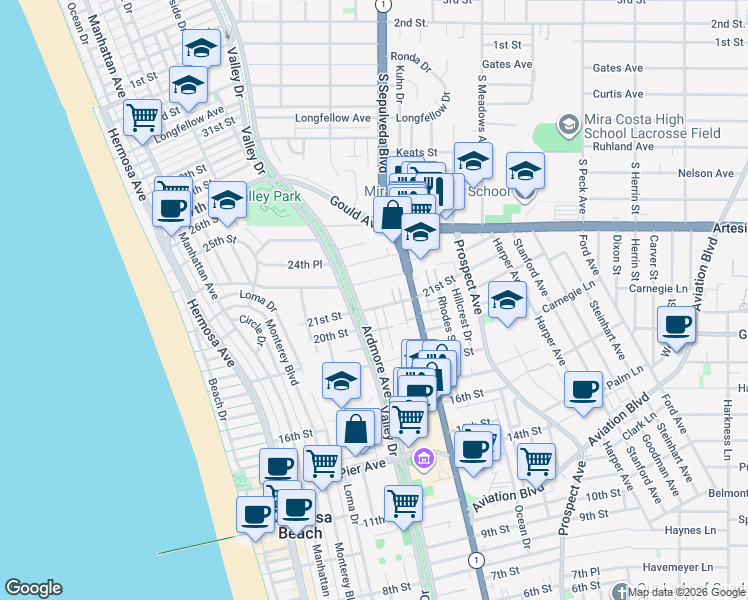 map of restaurants, bars, coffee shops, grocery stores, and more near 633 21st Street in Hermosa Beach