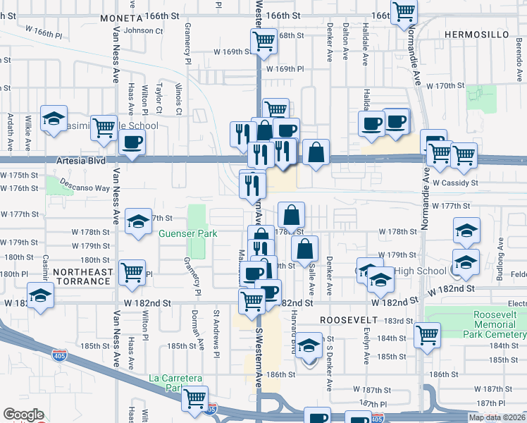 map of restaurants, bars, coffee shops, grocery stores, and more near 17700 Western Avenue in Gardena