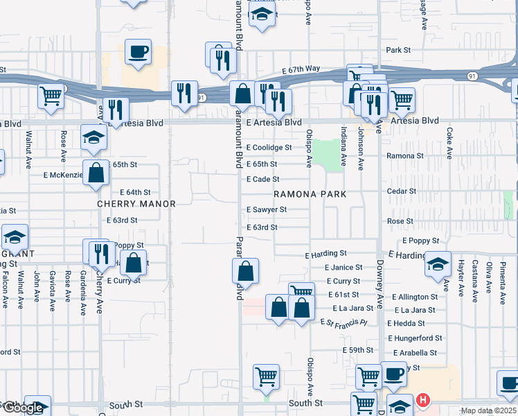 map of restaurants, bars, coffee shops, grocery stores, and more near 2907 East Sawyer Street in Long Beach
