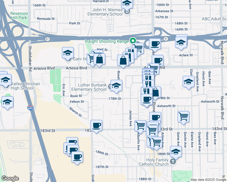 map of restaurants, bars, coffee shops, grocery stores, and more near 17713 Roseton Avenue in Artesia