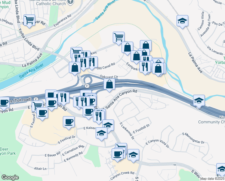 map of restaurants, bars, coffee shops, grocery stores, and more near 160 North Riverview Drive in Anaheim