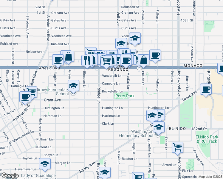 map of restaurants, bars, coffee shops, grocery stores, and more near 2221 Rockefeller Lane in Redondo Beach