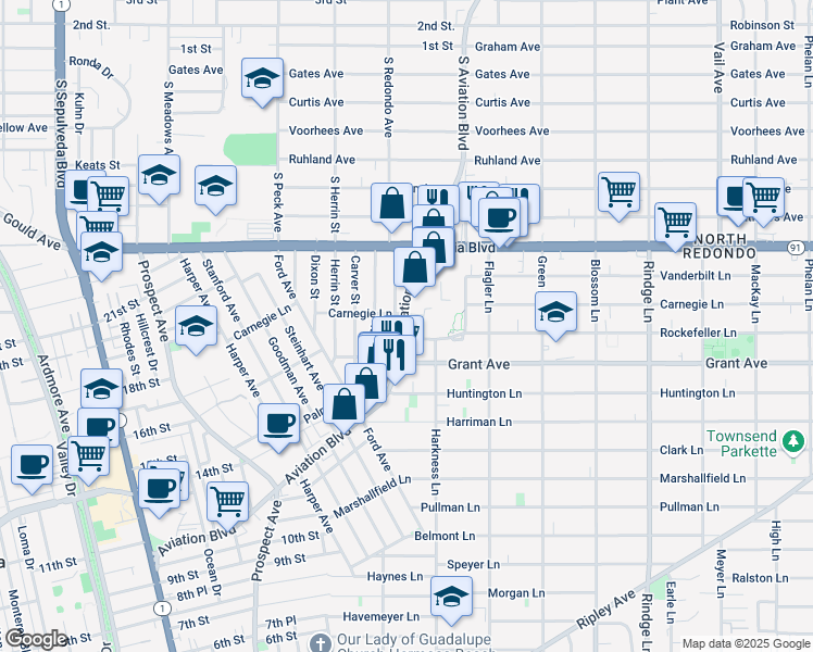 map of restaurants, bars, coffee shops, grocery stores, and more near 1623 Aviation Boulevard in Redondo Beach