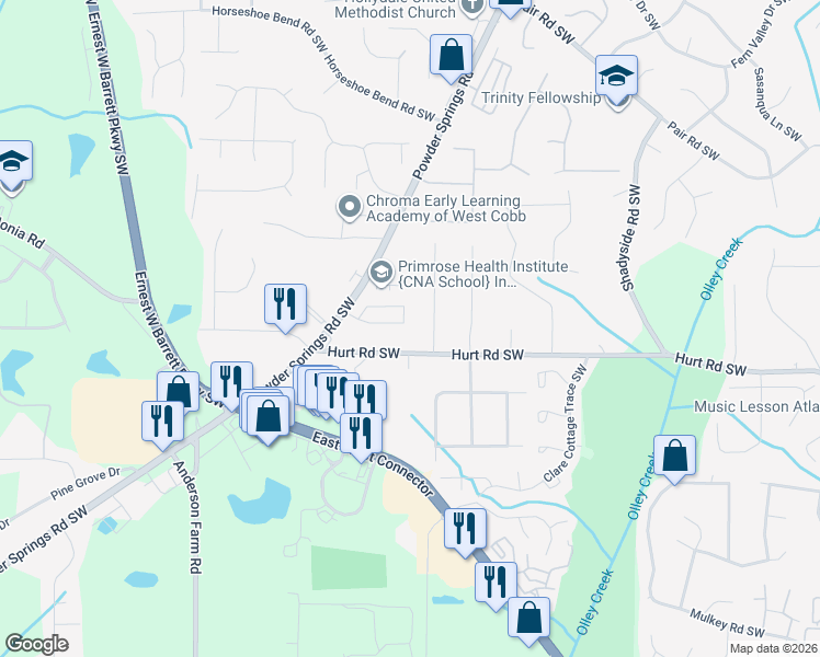 map of restaurants, bars, coffee shops, grocery stores, and more near 2549 Kolb Manor Circle Southwest in Marietta