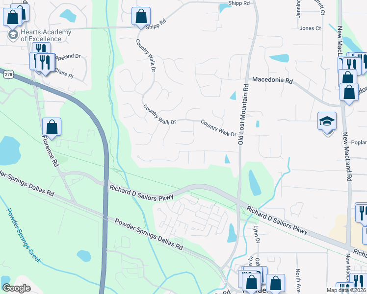 map of restaurants, bars, coffee shops, grocery stores, and more near 3475 Hollow Stream Trail in Powder Springs
