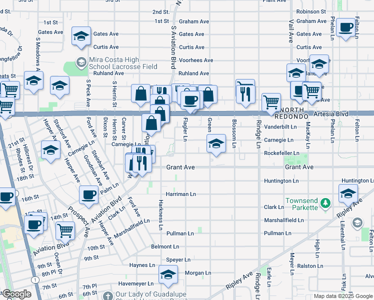 map of restaurants, bars, coffee shops, grocery stores, and more near 1901 Rockefeller Lane in Redondo Beach