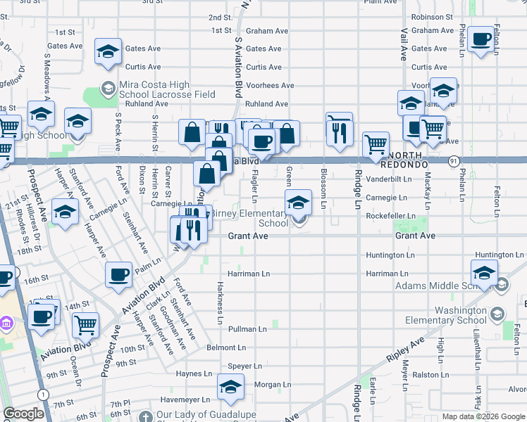 map of restaurants, bars, coffee shops, grocery stores, and more near 1905 Rockefeller Lane in Redondo Beach