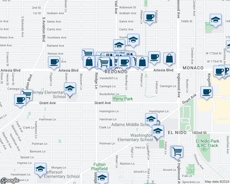map of restaurants, bars, coffee shops, grocery stores, and more near 2305 Rockefeller Lane in Redondo Beach