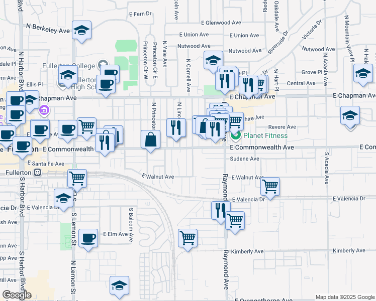 map of restaurants, bars, coffee shops, grocery stores, and more near 912 East Commonwealth Avenue in Fullerton