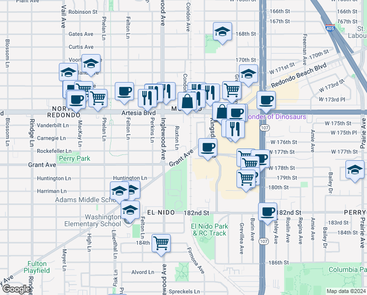 map of restaurants, bars, coffee shops, grocery stores, and more near 1714 Ruxton Lane in Redondo Beach
