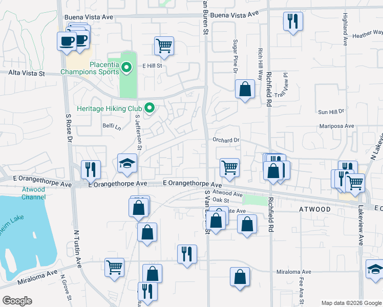 map of restaurants, bars, coffee shops, grocery stores, and more near in Placentia
