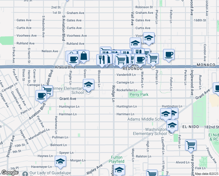 map of restaurants, bars, coffee shops, grocery stores, and more near 2117 Rockefeller Lane in Redondo Beach