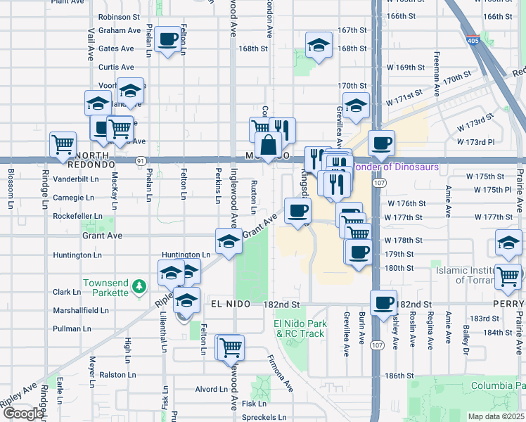 map of restaurants, bars, coffee shops, grocery stores, and more near 1704 Ruxton Lane in Redondo Beach