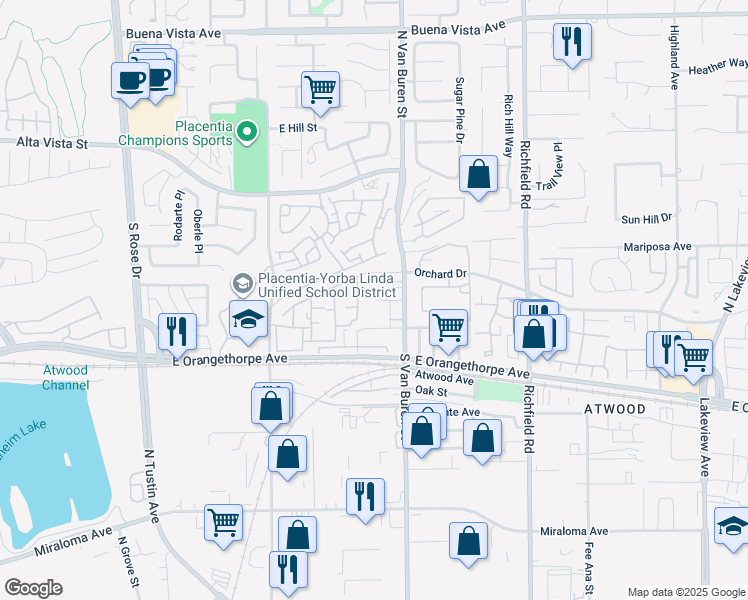map of restaurants, bars, coffee shops, grocery stores, and more near 1548 Spruce Street in Placentia