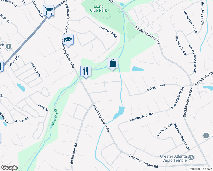 map of restaurants, bars, coffee shops, grocery stores, and more near 5618 Fern Creek Drive Southwest in Lilburn