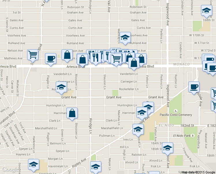 map of restaurants, bars, coffee shops, grocery stores, and more near 2305 Rockefeller Lane in Redondo Beach