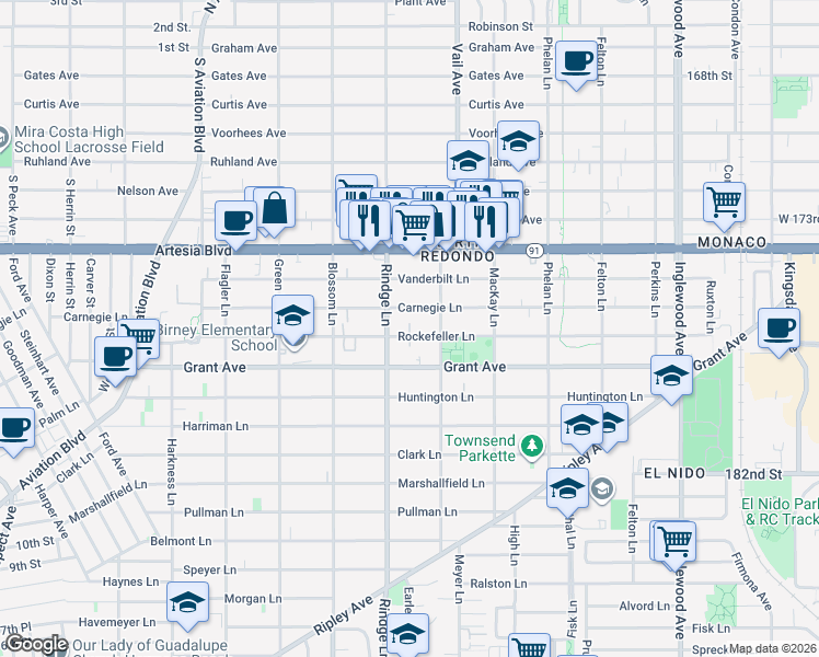 map of restaurants, bars, coffee shops, grocery stores, and more near 2200 Rockefeller Lane in Redondo Beach