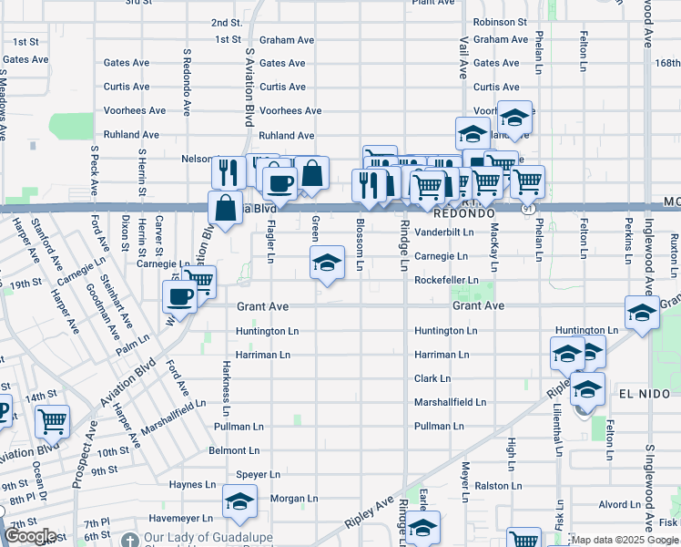 map of restaurants, bars, coffee shops, grocery stores, and more near 1600 Green Lane in Redondo Beach
