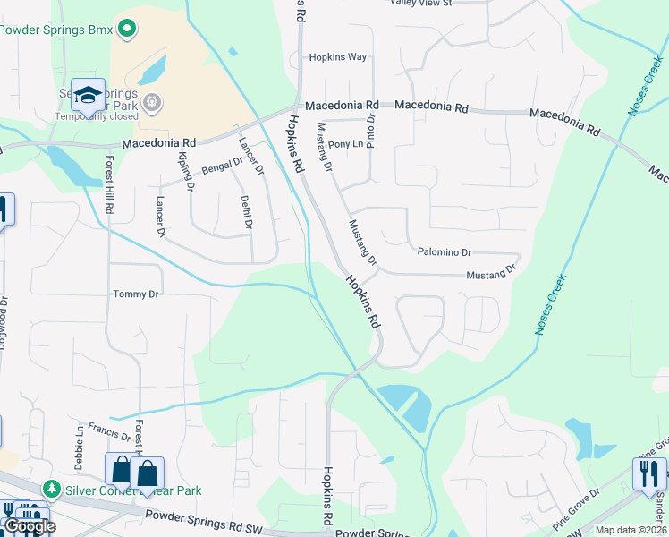 map of restaurants, bars, coffee shops, grocery stores, and more near 3424 Hopkins Road in Powder Springs