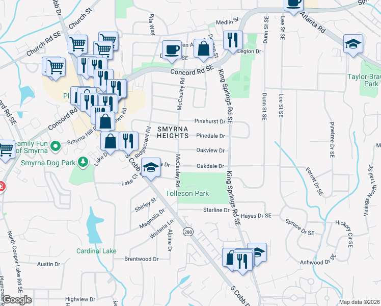 map of restaurants, bars, coffee shops, grocery stores, and more near 1086 Oakview Drive in Smyrna