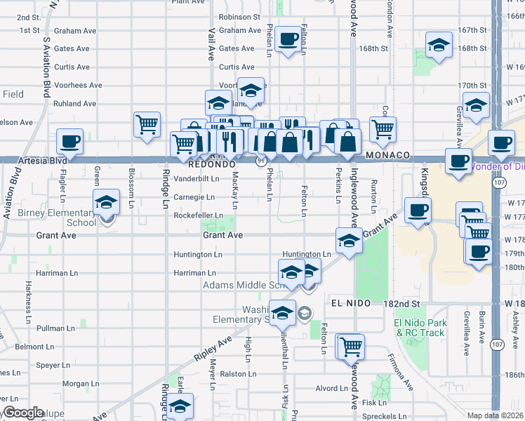 map of restaurants, bars, coffee shops, grocery stores, and more near 2422 Rockefeller Lane in Redondo Beach