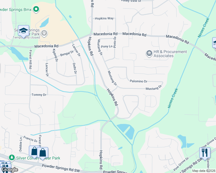 map of restaurants, bars, coffee shops, grocery stores, and more near 3435 Hopkins Road in Powder Springs