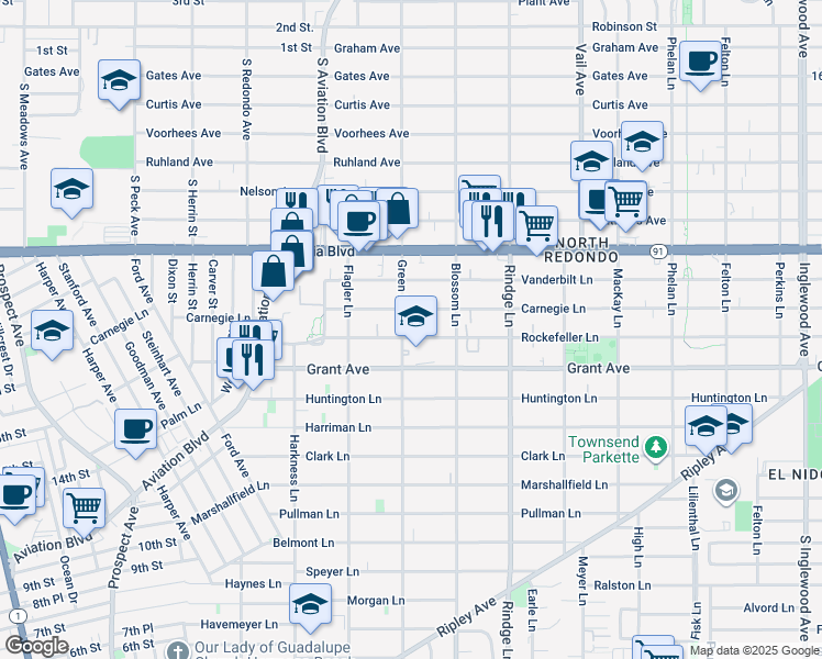 map of restaurants, bars, coffee shops, grocery stores, and more near 2003 Rockefeller Lane in Redondo Beach